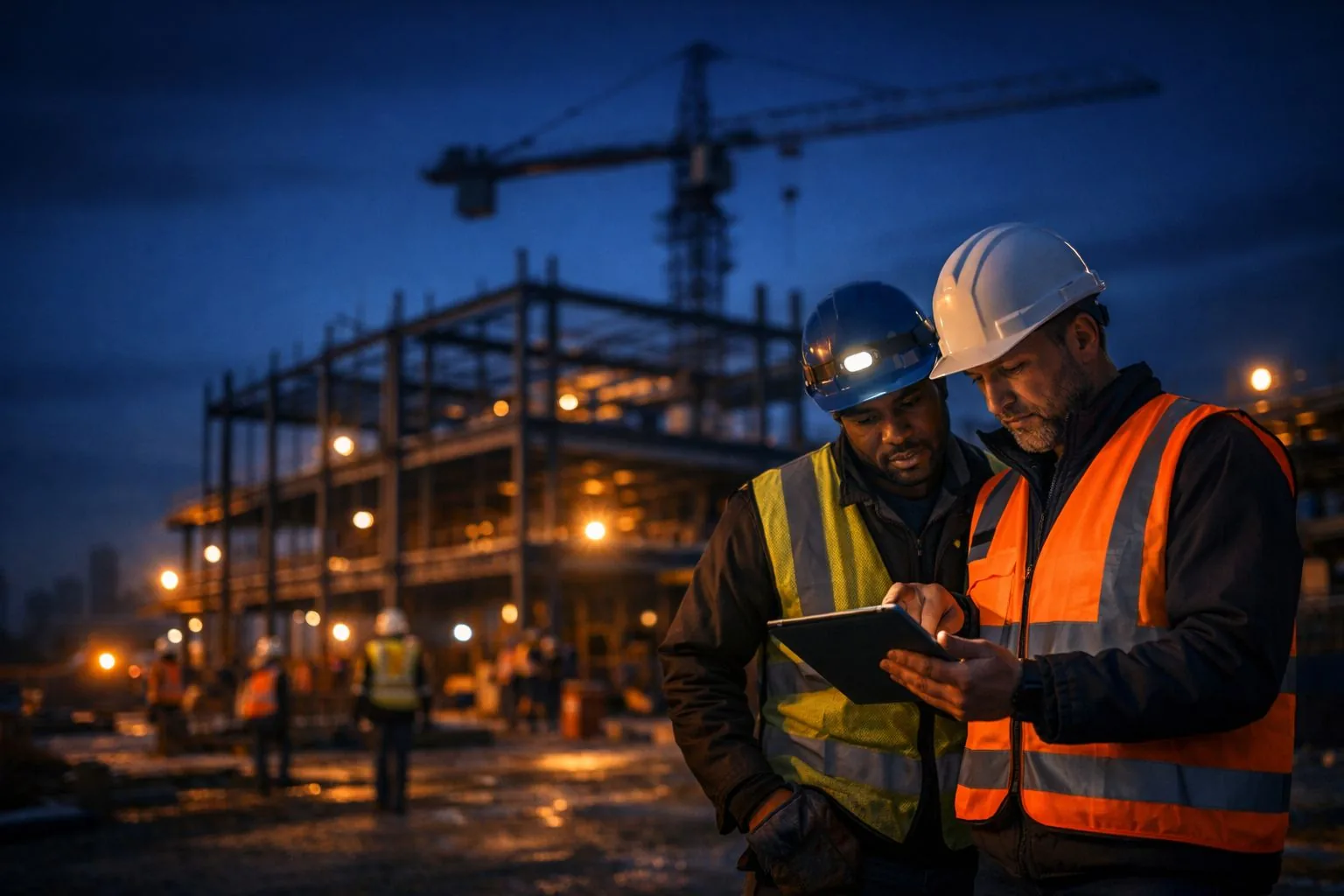 Two construction workers on site reviewing a pre-task plan and photographing a work area with a tablet